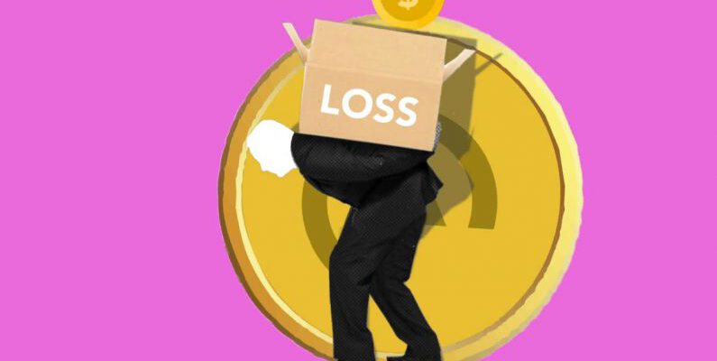 Failure And Risk - Illustration of man carrying box of financial loss on back