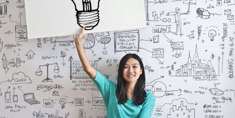 Business Idea - Woman Draw a Light bulb in White Board
